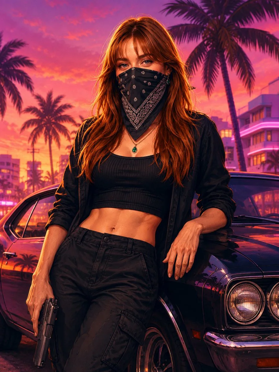 A masked red-haired female character in black streetwear leans beside a black muscle car in a pastel neon palm-lined city sunset.