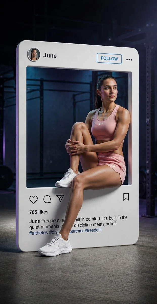 A cinematic 3D gym advertisement showing a fit female athlete in pink sportswear sitting on the edge of a giant social-media post frame labeled June, one leg extending outside the frame, with dark gym equipment, blue-purple lighting, and realistic shadows