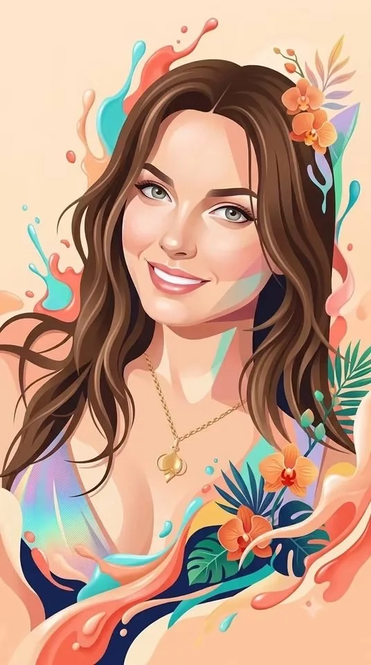 A smiling glossy vector-fantasy portrait of a woman with flowing brown hair, tropical flowers and colorful liquid ribbons.
