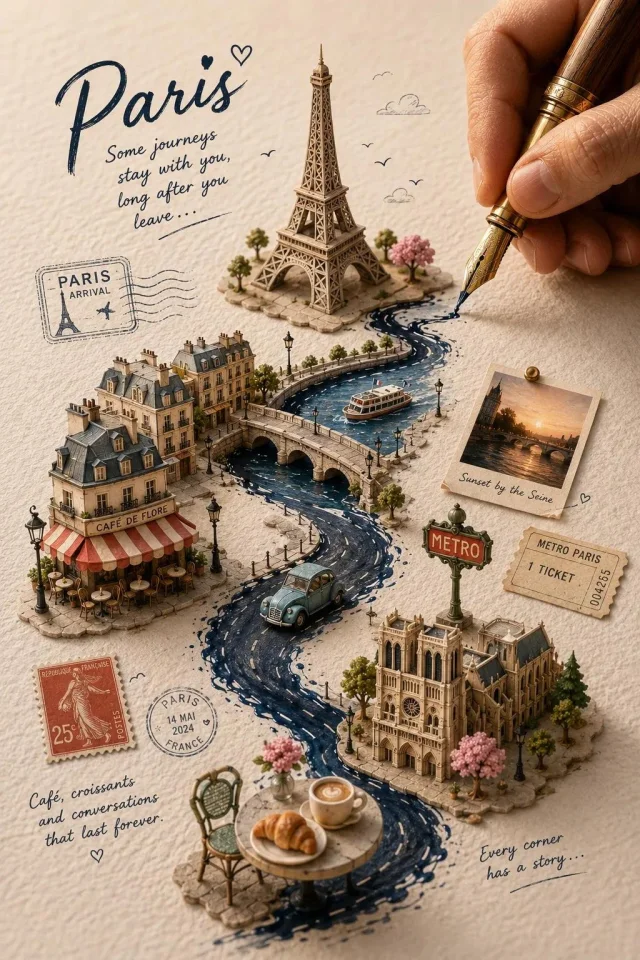 A warm handcrafted Paris travel journal poster with a fountain pen drawing a dark-blue ink river through miniature Eiffel Tower, café, bridge, Notre-Dame, stamps, tickets, and notes.