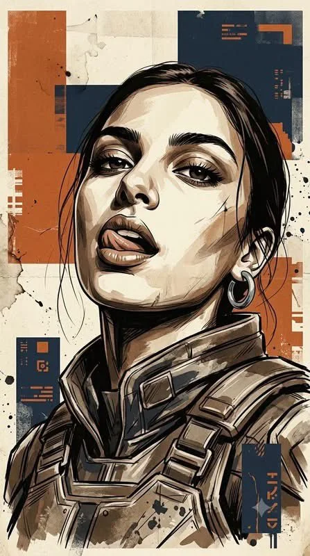 A cinematic concept-art poster of a woman in a high-collared uniform on a distressed orange-and-navy background with bold typography.