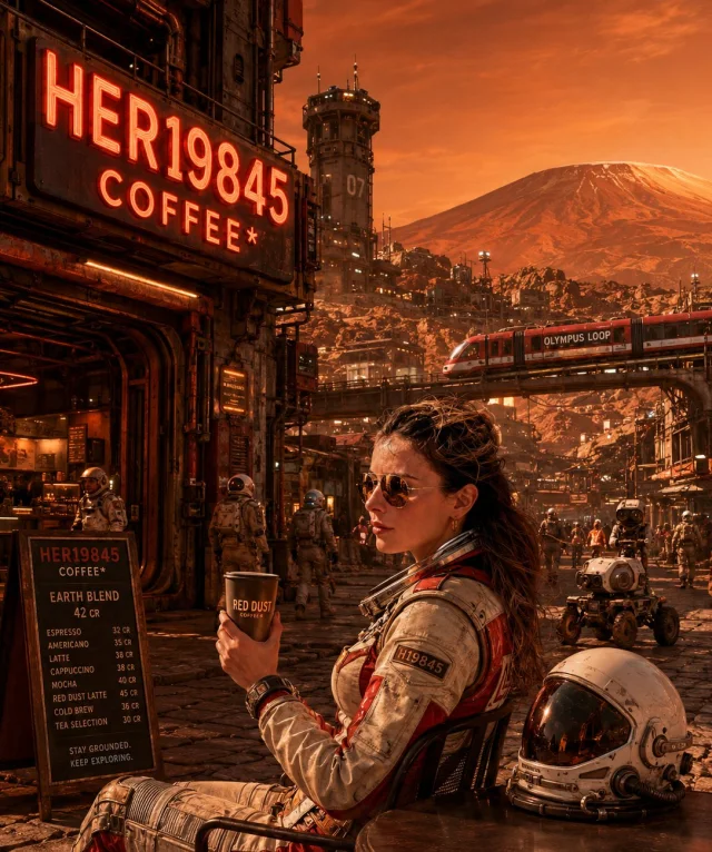 A hyperrealistic cinematic Martian colony coffee-shop scene at orange sunset, showing a woman in a cream-and-red spacesuit and mirrored aviators holding RED DUST coffee beside her space helmet, with HER19845 COFFEE sign, colonists, service droid, Olympus
