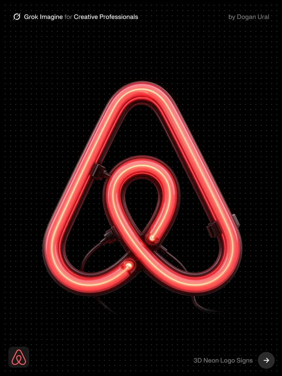 A premium 3D neon Airbnb logo sign made from thick glowing red-pink tubes on a pure black dotted background, with realistic tube bends, mounts, cables, and luminous glow.