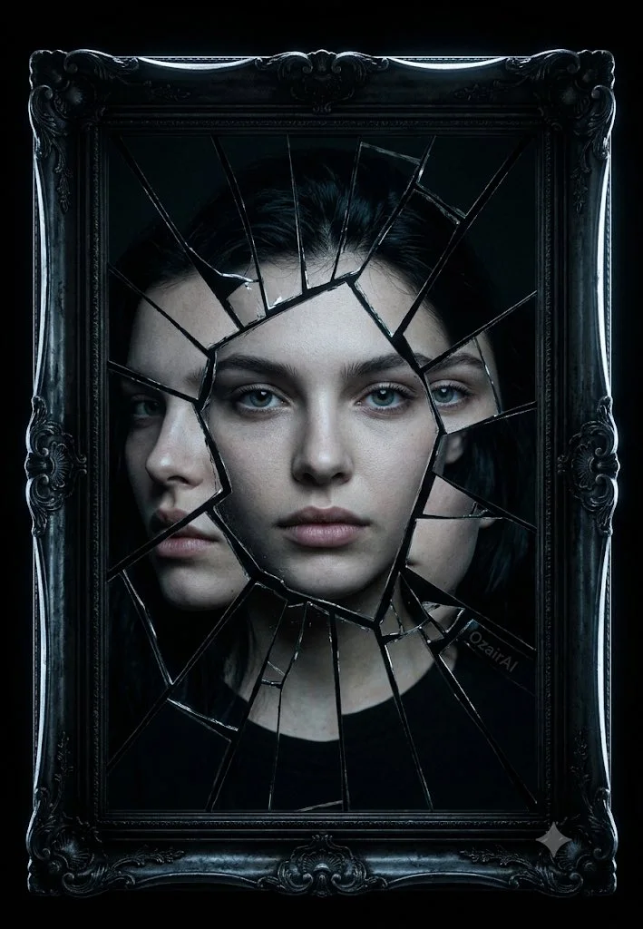 A dark cinematic shattered-mirror portrait where one face is fractured across dozens of broken mirror shards in an ornate dark baroque frame with a cold key light.
