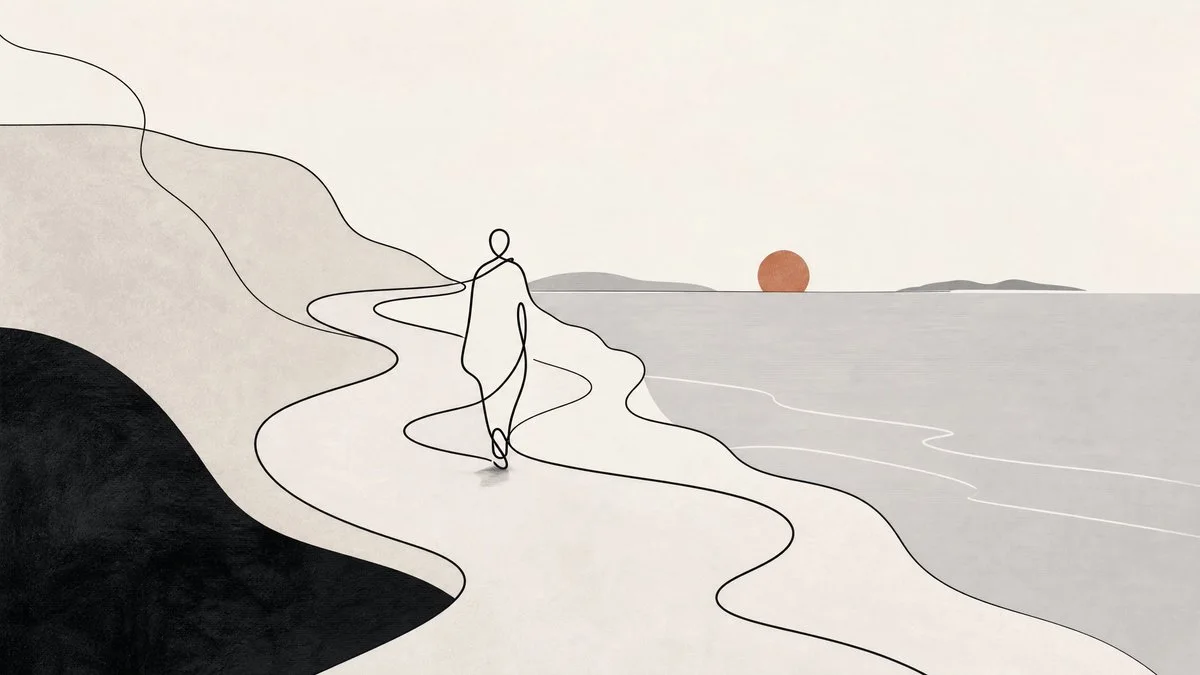 A minimalist continuous-line coastal figure illustration with black linework, gray sea and hills, a muted copper sun, balanced negative space, and contemporary gallery styling.