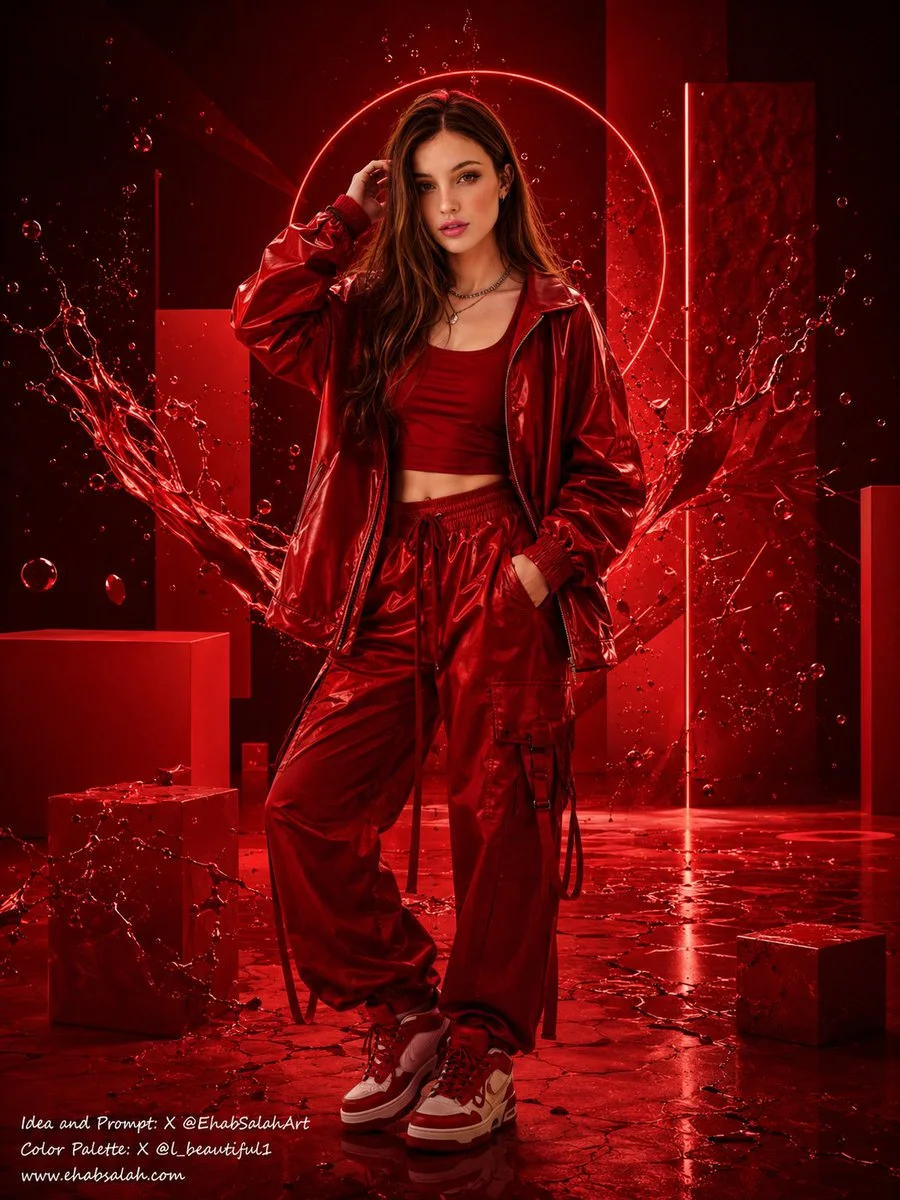 A 3:4 monochromatic scarlet-ruby editorial portrait with abstract liquid shapes, paint splashes, and a cracked floor, lit with soft cinematic rim light.