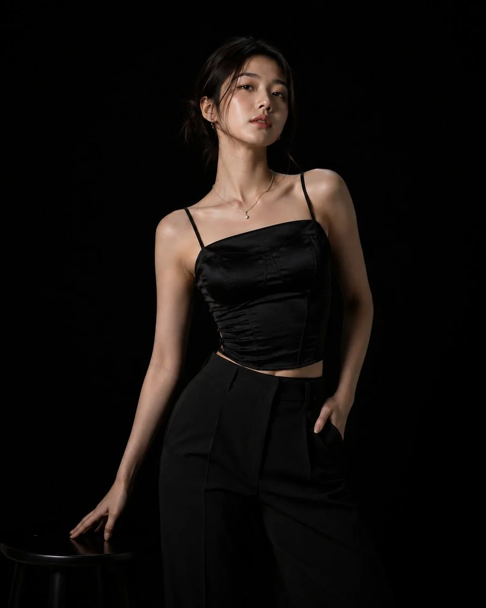A standing black-background studio fashion portrait of the woman in fitted black satin corset top and high-waisted trousers, one hand on a stool.