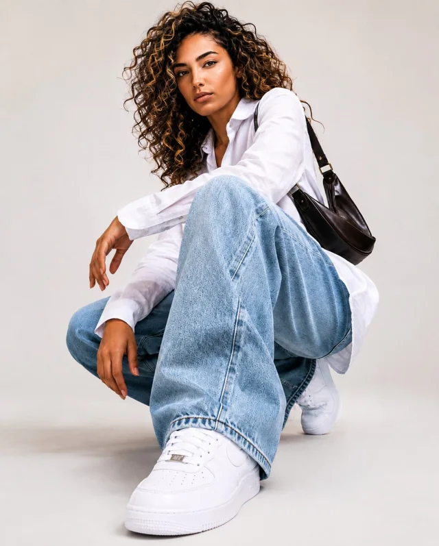 A low-angle streetwear editorial portrait of a curly-haired model crouching on a warm-white cyclorama in a white shirt, light-wash textured denim jeans, white sneakers, and dark leather shoulder bag, with the nearest sneaker exaggerated in the foreground.