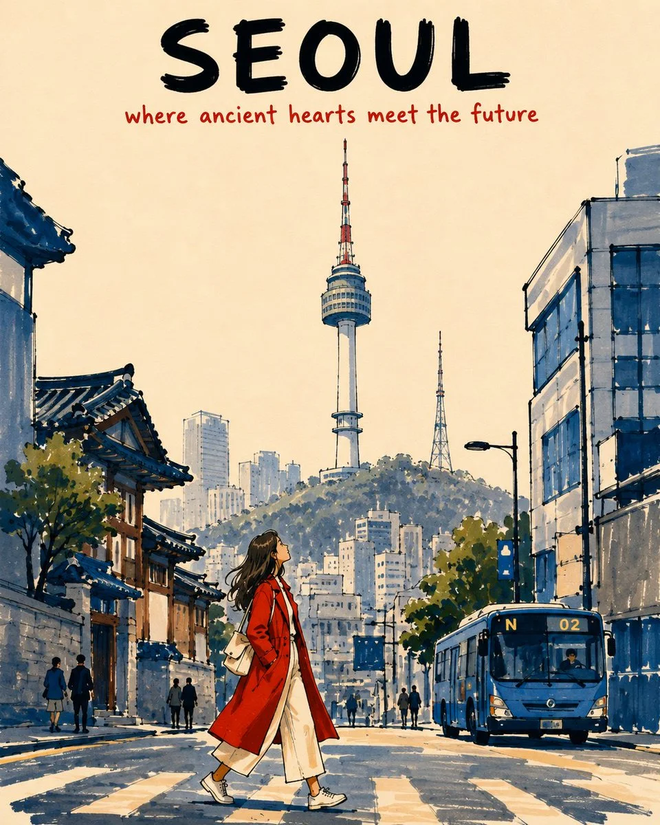 A warm alcohol-marker Seoul travel poster with Namsan Seoul Tower, hanok rooftops, city buildings, blue bus, bold black city title, red subtitle, and a red-coated traveler walking in the foreground.