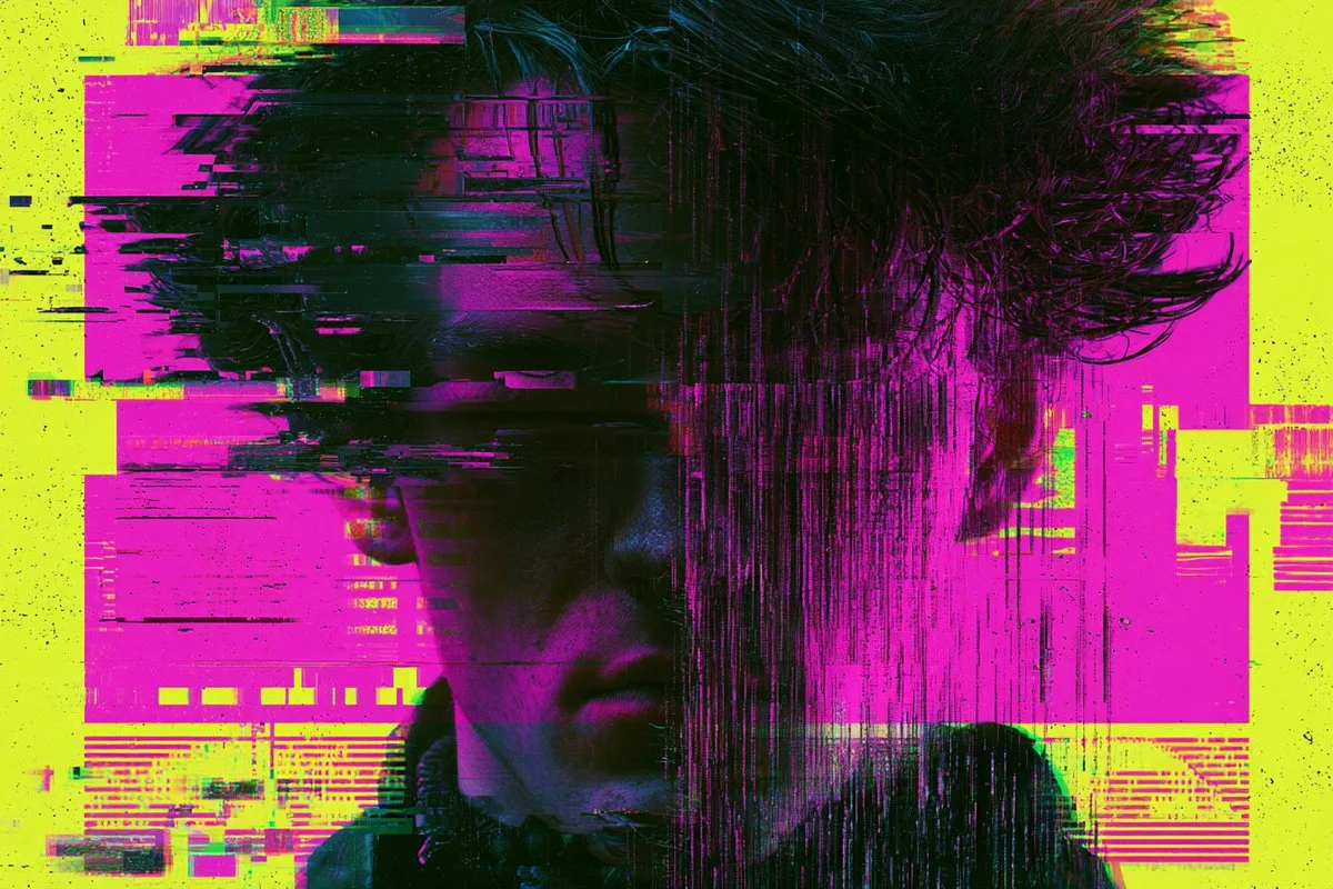 A neon yellow-magenta glitch portrait with a split face and digital tearing.