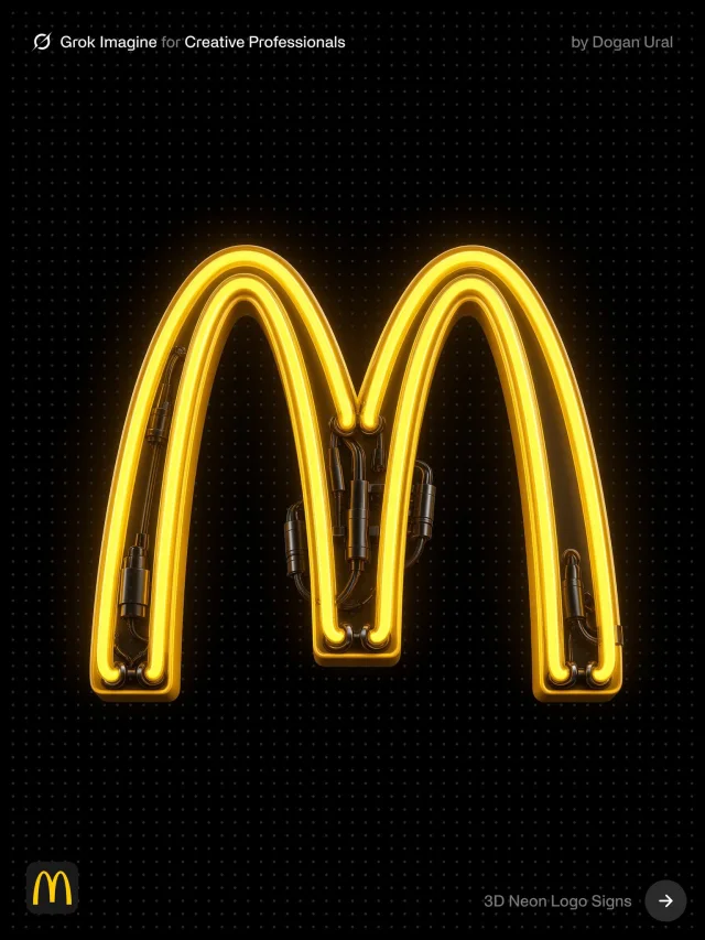 A premium 3D neon McDonald’s arches logo sign made from thick glowing yellow tubes on a pure black dotted background, with visible mounts, cables, bright neon bloom, and commercial signage presentation.