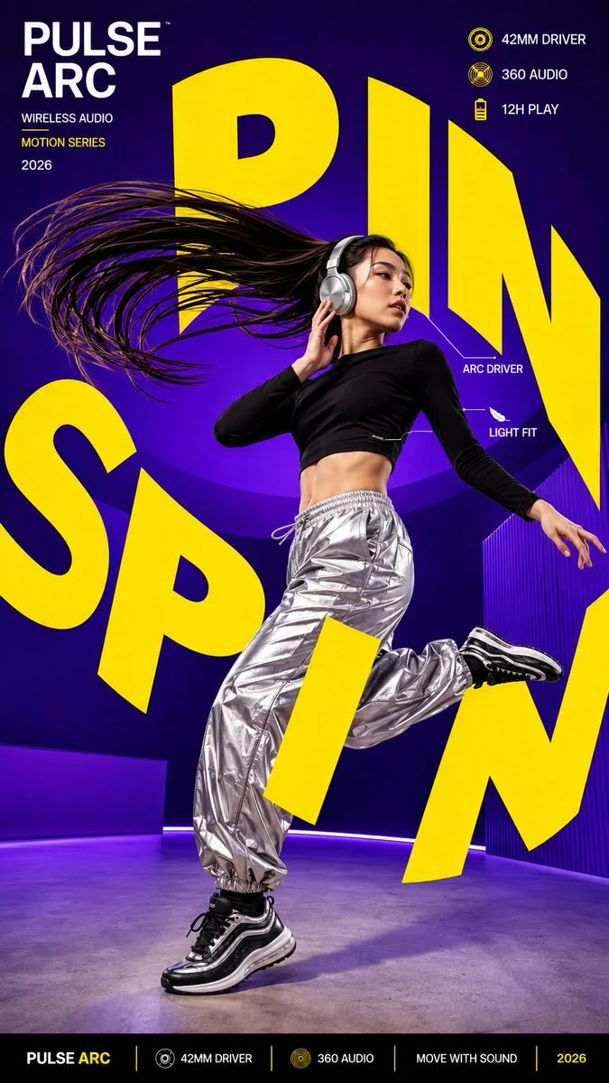 A motion poster with a woman in silver pants and headphones jumping through large yellow SPIN typography on a purple background.