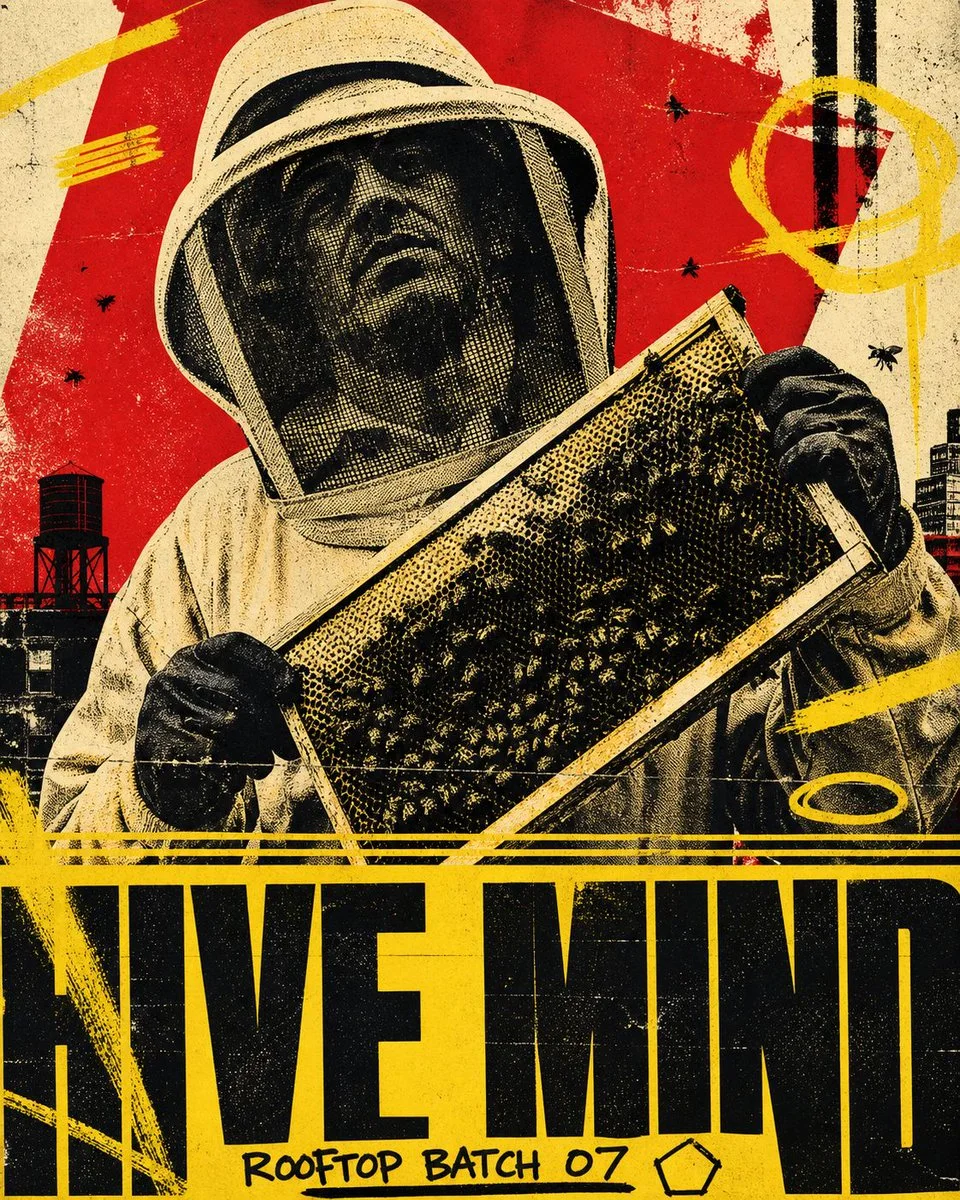A gritty four-ink halftone screen-print poster titled HIVE MIND, showing a rooftop beekeeper holding a honeycomb frame with black halftone portrait, red shape, yellow marks, hand-drawn loops, and worn screen-print texture.