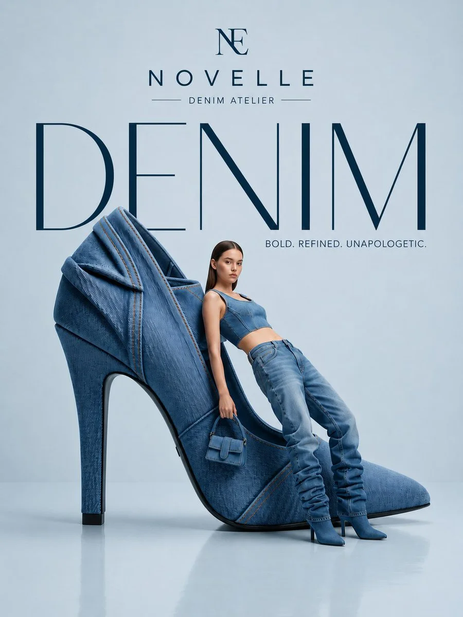 A luxury denim atelier editorial advertisement with a model in denim leaning beside a massive blue denim stiletto sculpture, pale blue-gray studio, reflective floor and large DENIM typography.