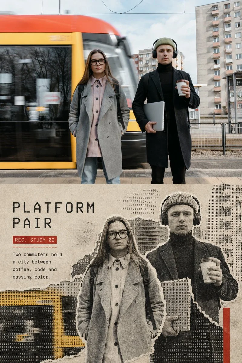 A platform-pair poster with a top street photo and lower ASCII halftone collage showing two commuters near a tram.