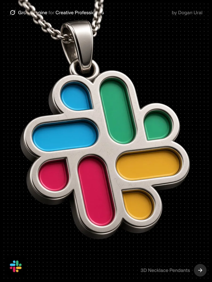 A premium silver necklace pendant version of the Slack logo, with polished raised metal frame, multicolor recessed enamel details, chain, black background, and realistic jewelry photography.