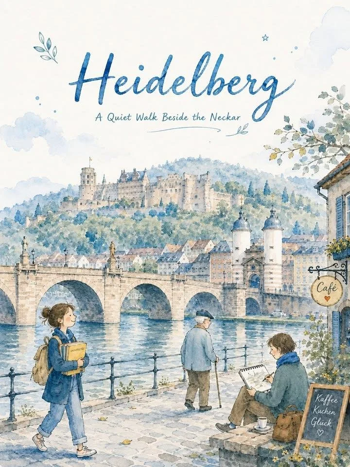 A warm minimal watercolor Heidelberg city postcard poster with Neckar river, old bridge, castle hillside, café details, blue typography, and handmade paper texture.