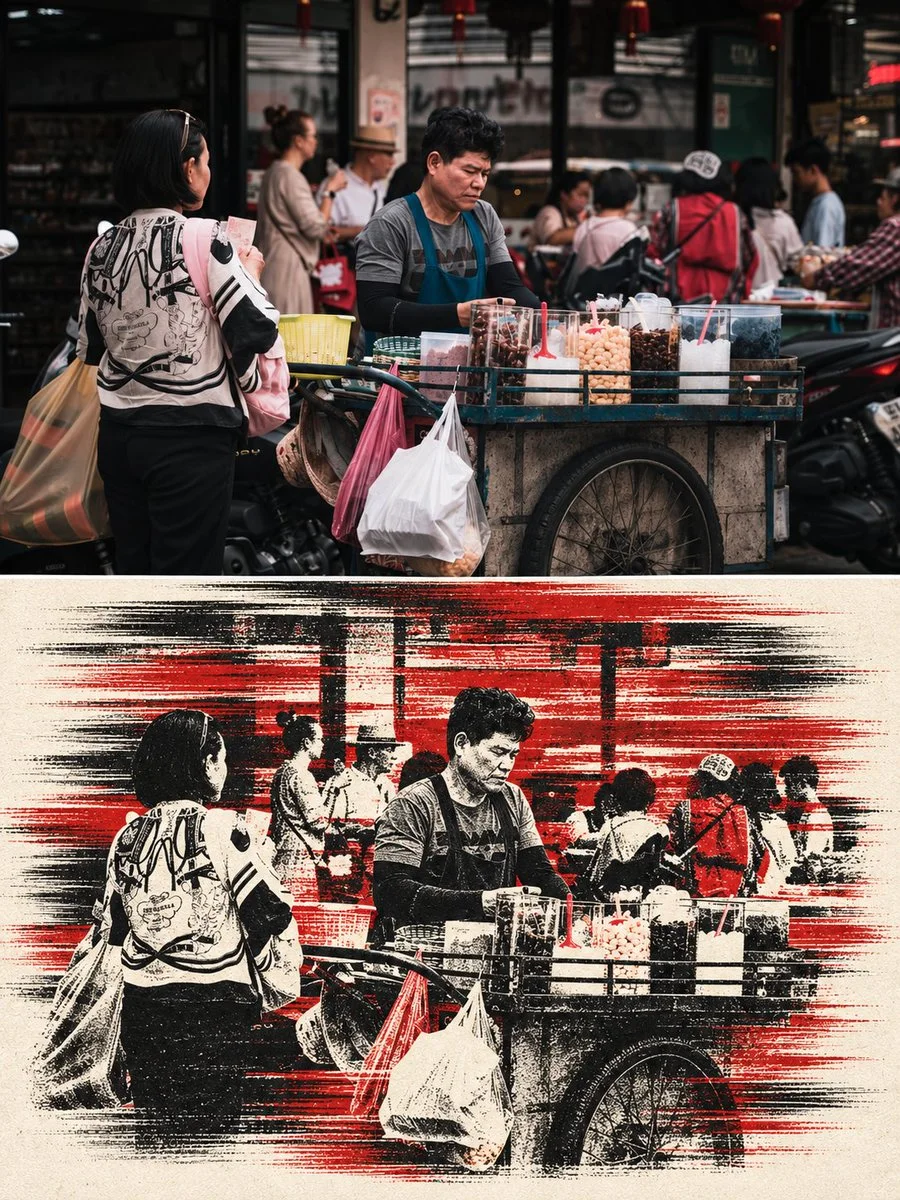 A Thai market scene above a black-and-vermilion screenprint transformation with horizontal motion strokes.