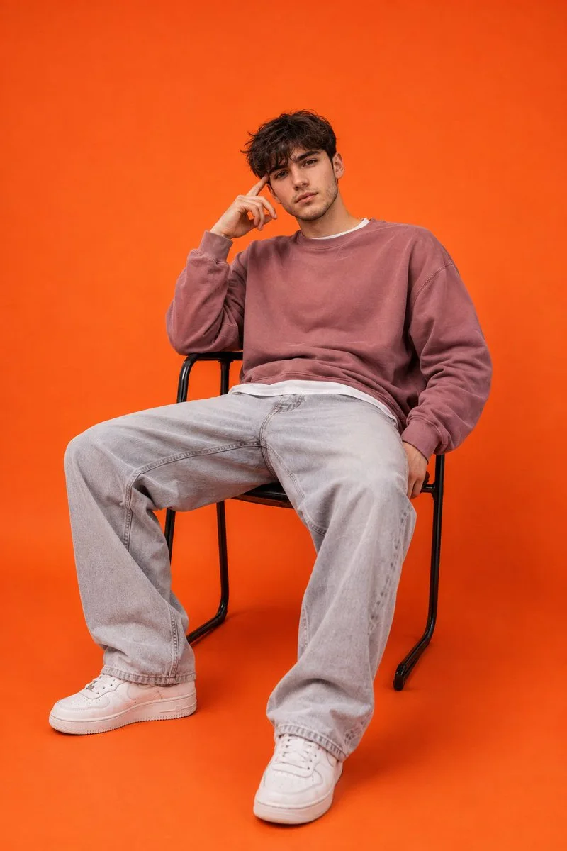A 2:3 menswear editorial of a seated young man in a dusty-rose sweatshirt and light-gray jeans against a vivid orange studio backdrop.
