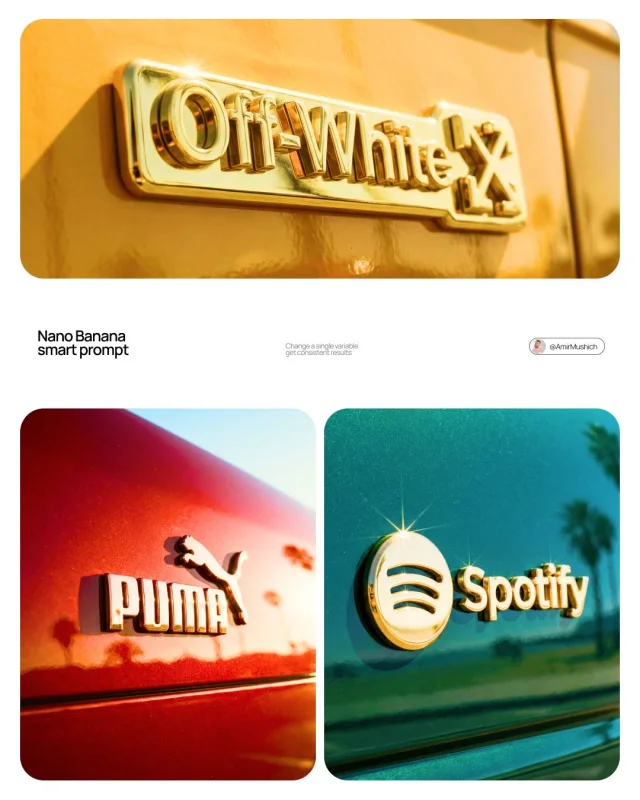 A Nano Banana smart prompt collage showing luxury 3D brand logos as gold car emblems on glossy automotive paint, including Off-White, Puma, and Spotify examples.