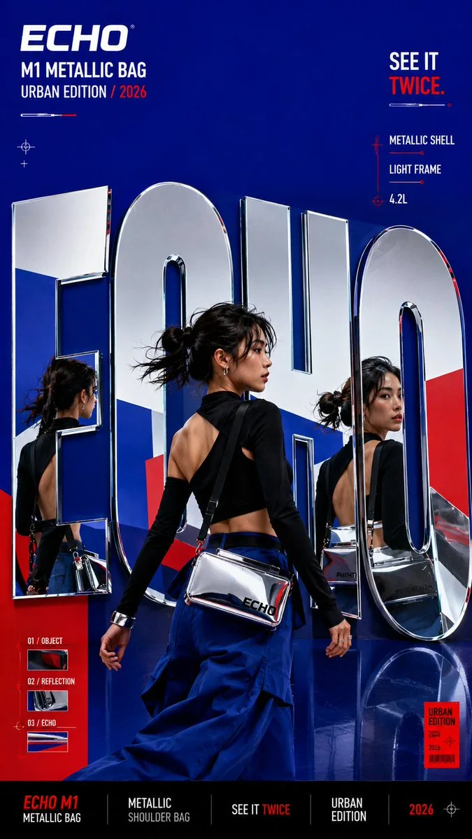 A blue ECHO metallic-bag campaign poster where mirrored chrome letters reflect the model and product in a polished commercial key visual.