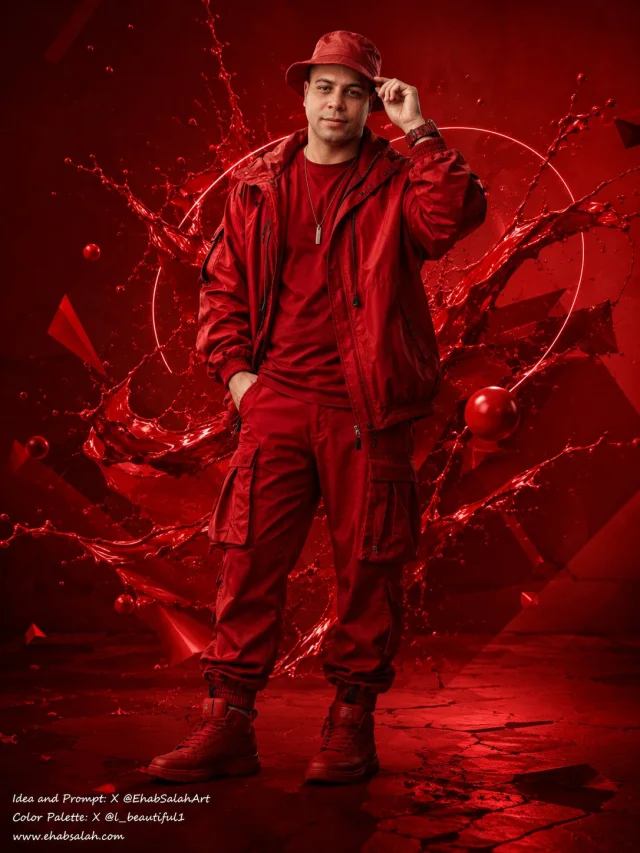 An ultra-premium monochromatic red fashion portrait of a person in a luxurious red streetwear or modest outfit on a crimson studio background, identity and skin tone preserved.