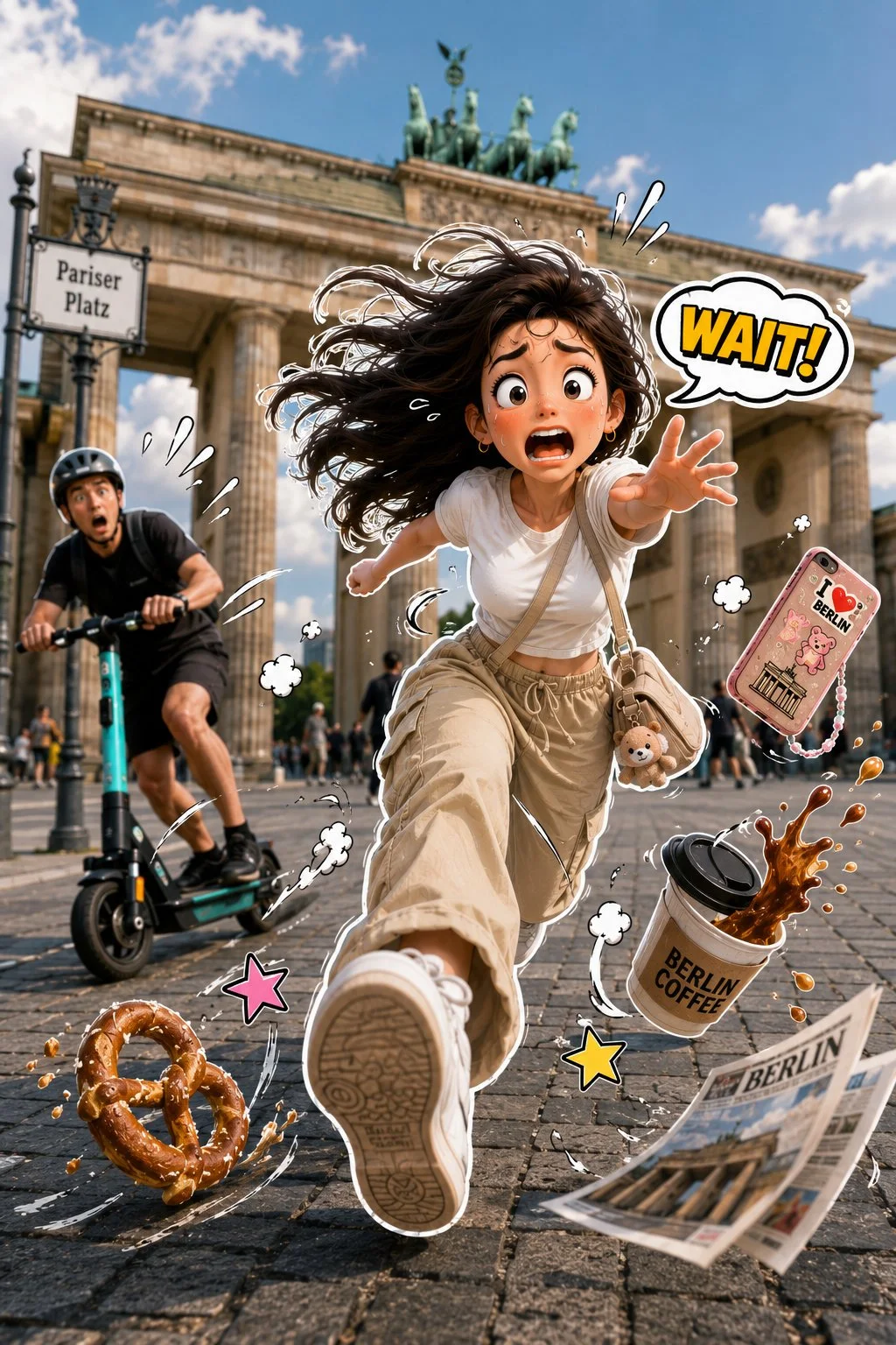 A 3D sticker character sprinting toward the camera in a real photo with comic motion lines, die-cut border, and flying objects.