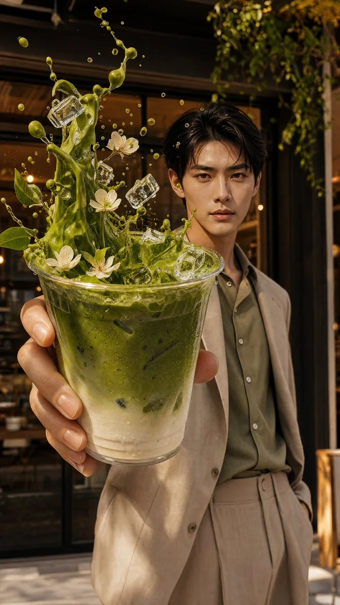 A luxury drink campaign variation with a frozen splash, premium floating ingredients, and creamy bokeh background.