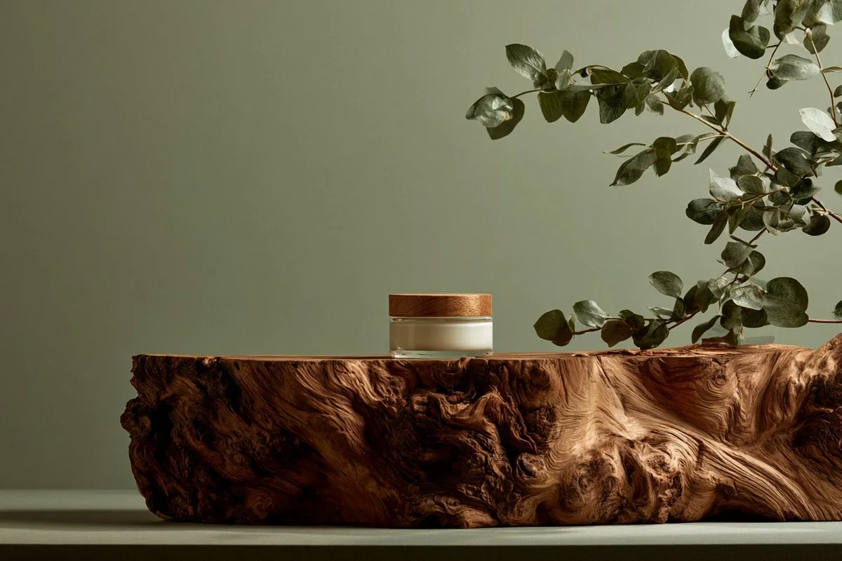 A premium studio product photo of a cosmetic jar placed on a sculptural wood slab with eucalyptus branches against a muted green background.