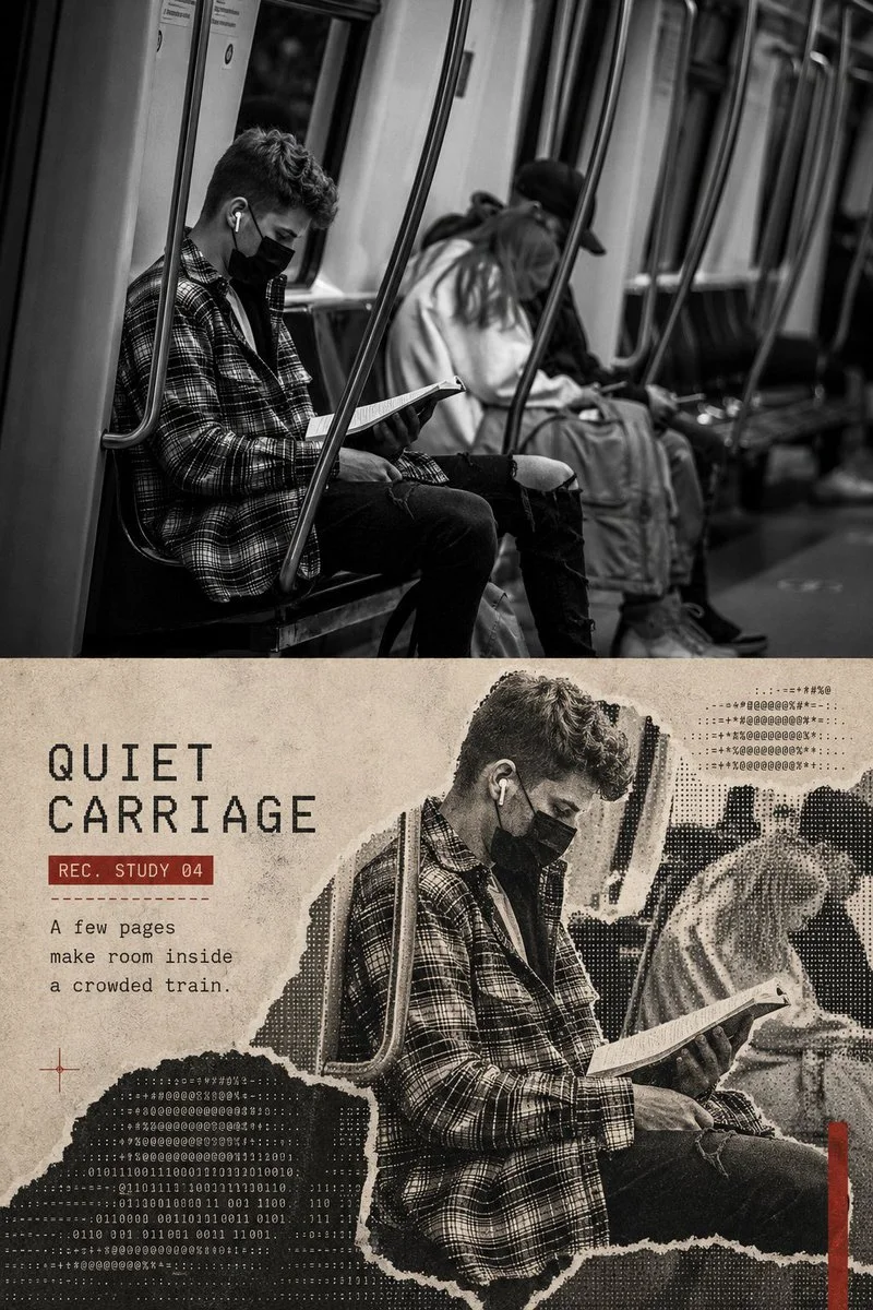 A quiet-carriage poster with a top monochrome subway photo and lower ASCII halftone collage of a seated commuter reading.