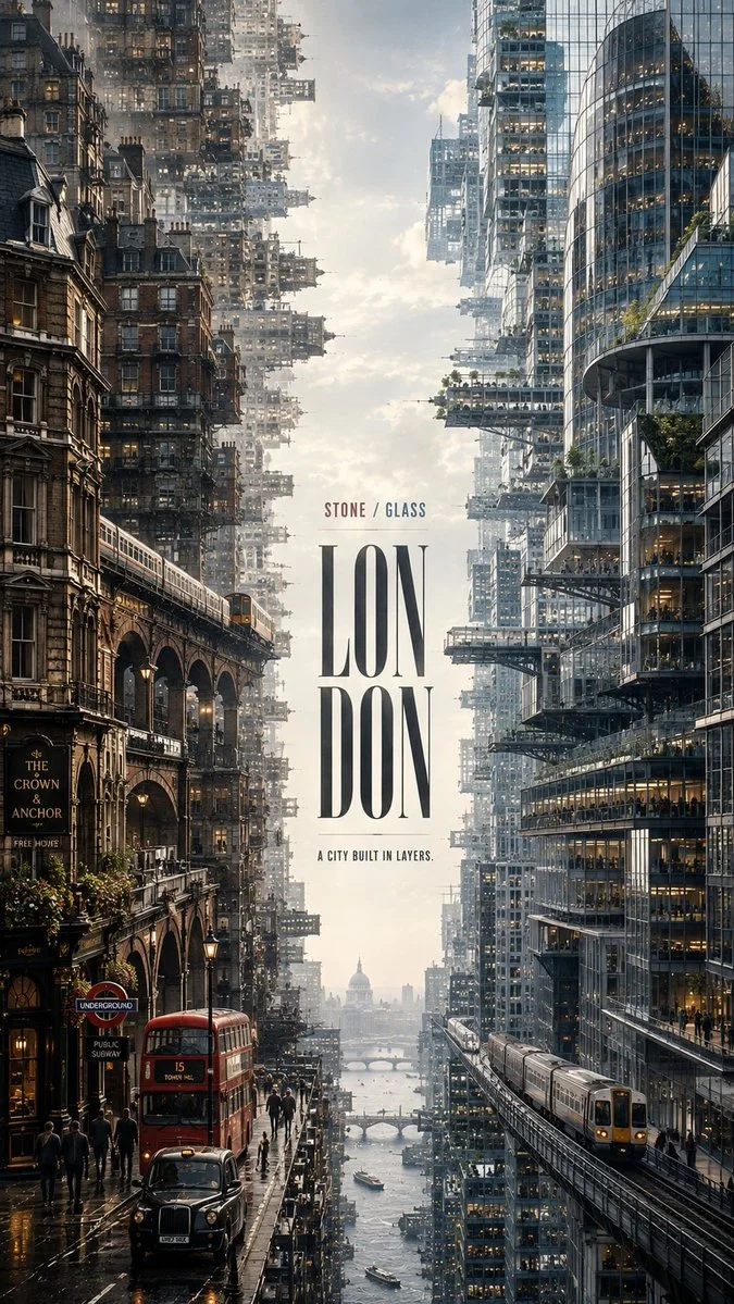 A premium 9:16 London two-sided editorial city poster, stone historic architecture facing glass high-rises, with central LONDON typography.