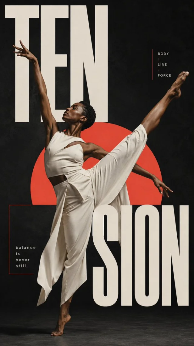 A 9:16 TENSION editorial poster with a dancer in white physically intersecting oversized cropped typography and a red circular accent on a black background.