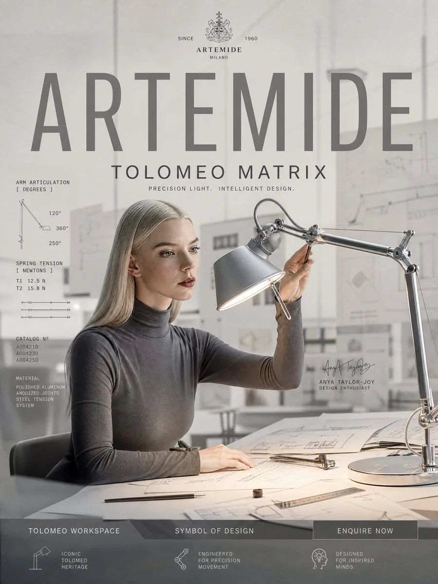 A bright Artemide campaign poster featuring a platinum-haired woman adjusting a Tolomeo desk lamp amid architectural drawings and oversized typography.
