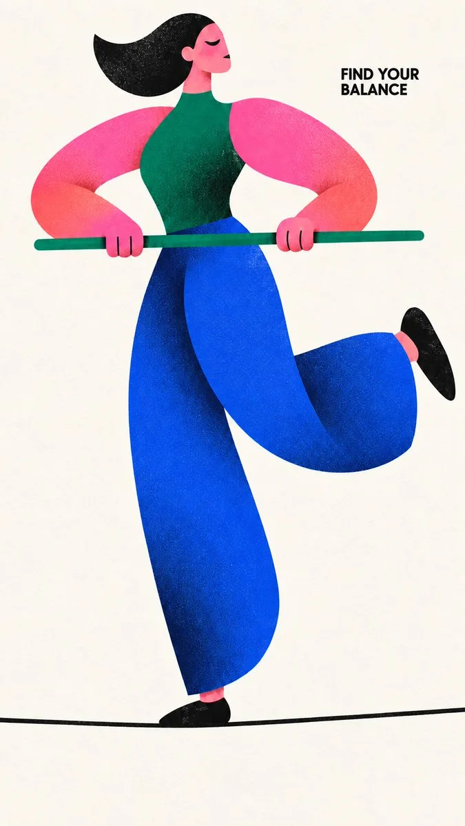 Find Your Balance: a geometric tightrope walker balances on a thin black line while holding an emerald pole.