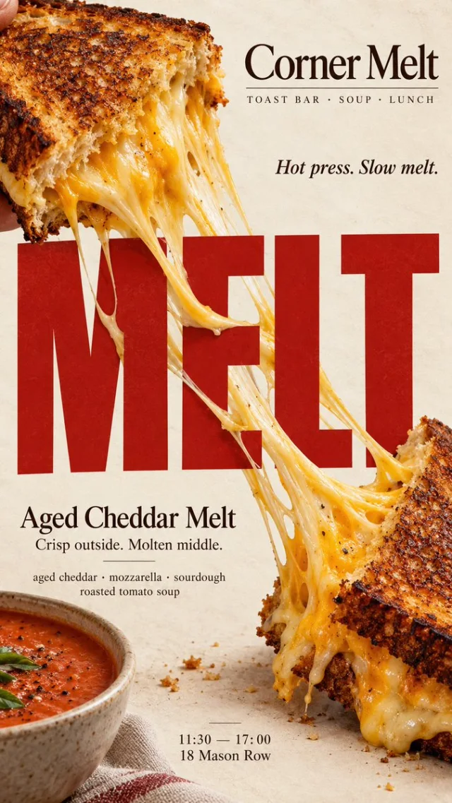 A cheese melt poster with grilled bread stretching across oversized type on a warm cream background.
