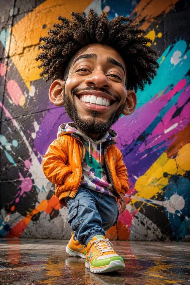 A premium realistic 3D caricature of a joyful streetwear man with an oversized head, afro curls, orange bomber jacket, colorful hoodie, blue cargo joggers and neon sneakers stepping in front of an abstract graffiti wall.