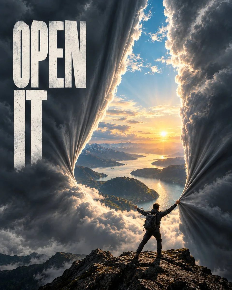A mountain poster where a person opens dark cloud curtains to reveal a bright sunrise and lake, with the headline OPEN IT.