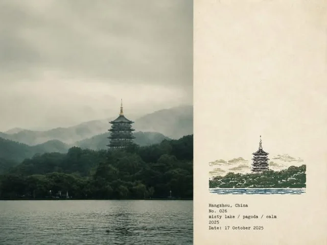 A 4:3 landscape poster with a faithful mountain-lake photo on the left and a small multicolor rubber-stamp illustration plus typewriter location text on aged off-white paper on the right.