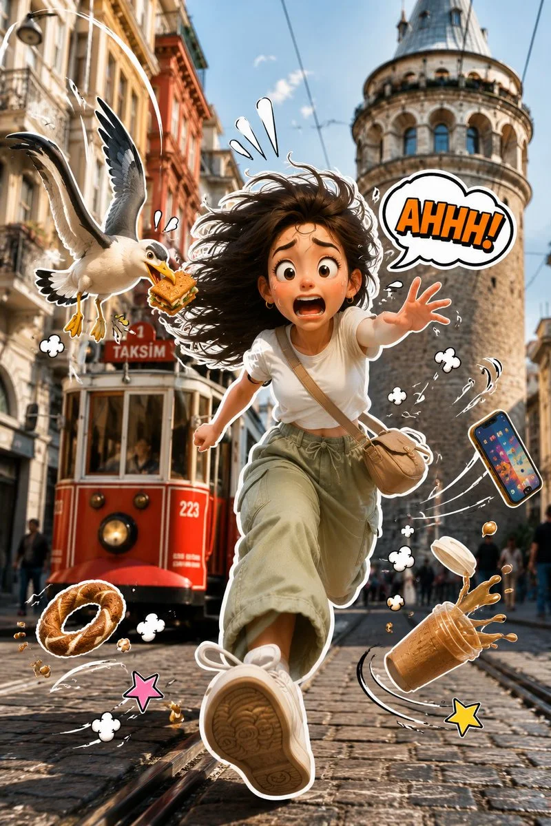 A humorous 3D sticker character composited onto a photograph with action swirls and bounce effects.