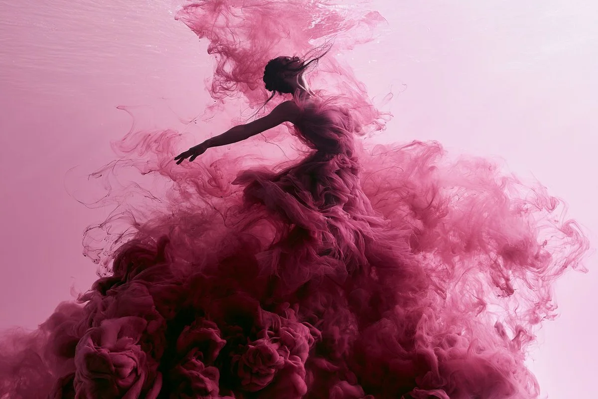 A silhouetted figure drifting through dense pink ink plumes underwater, with flowing fabric and dreamy diffused light.