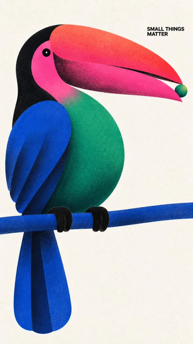 Small Things Matter: a giant geometric toucan with a huge pink-and-red beak holds a tiny green berry on a cobalt branch.
