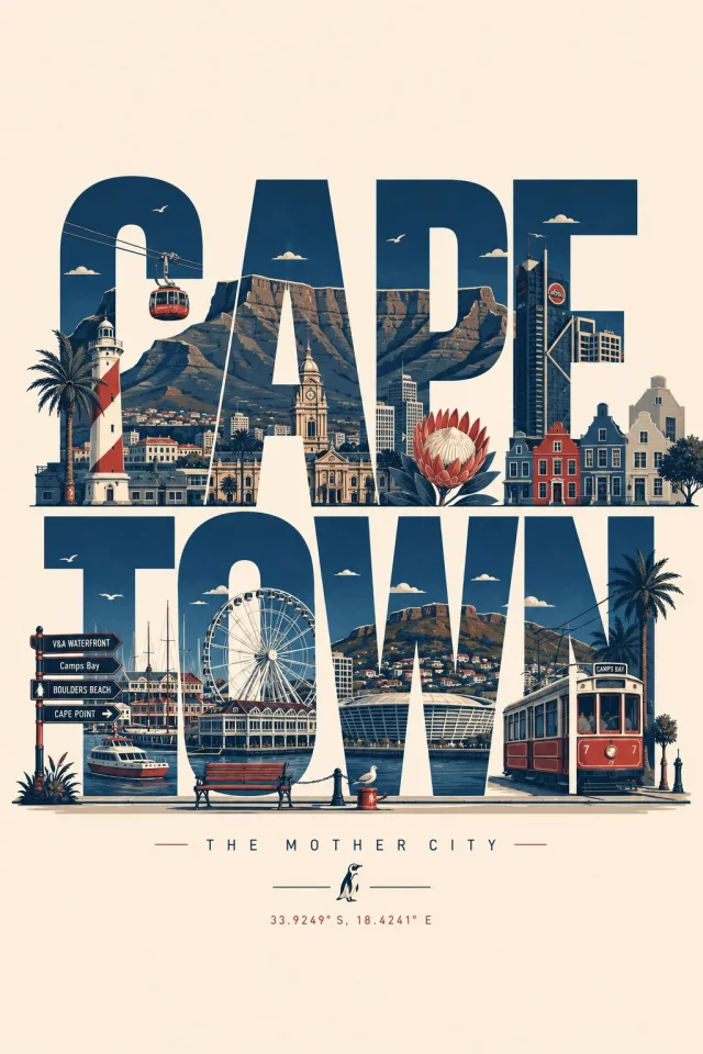 A clean flat-vector typographic city poster where the city name is built from landmarks in a navy, cream, and red palette.