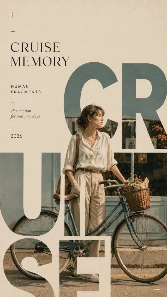 A vertical editorial typography poster titled Cruise Memory, with oversized letters integrated into a lifestyle photo of a woman standing with a bicycle.