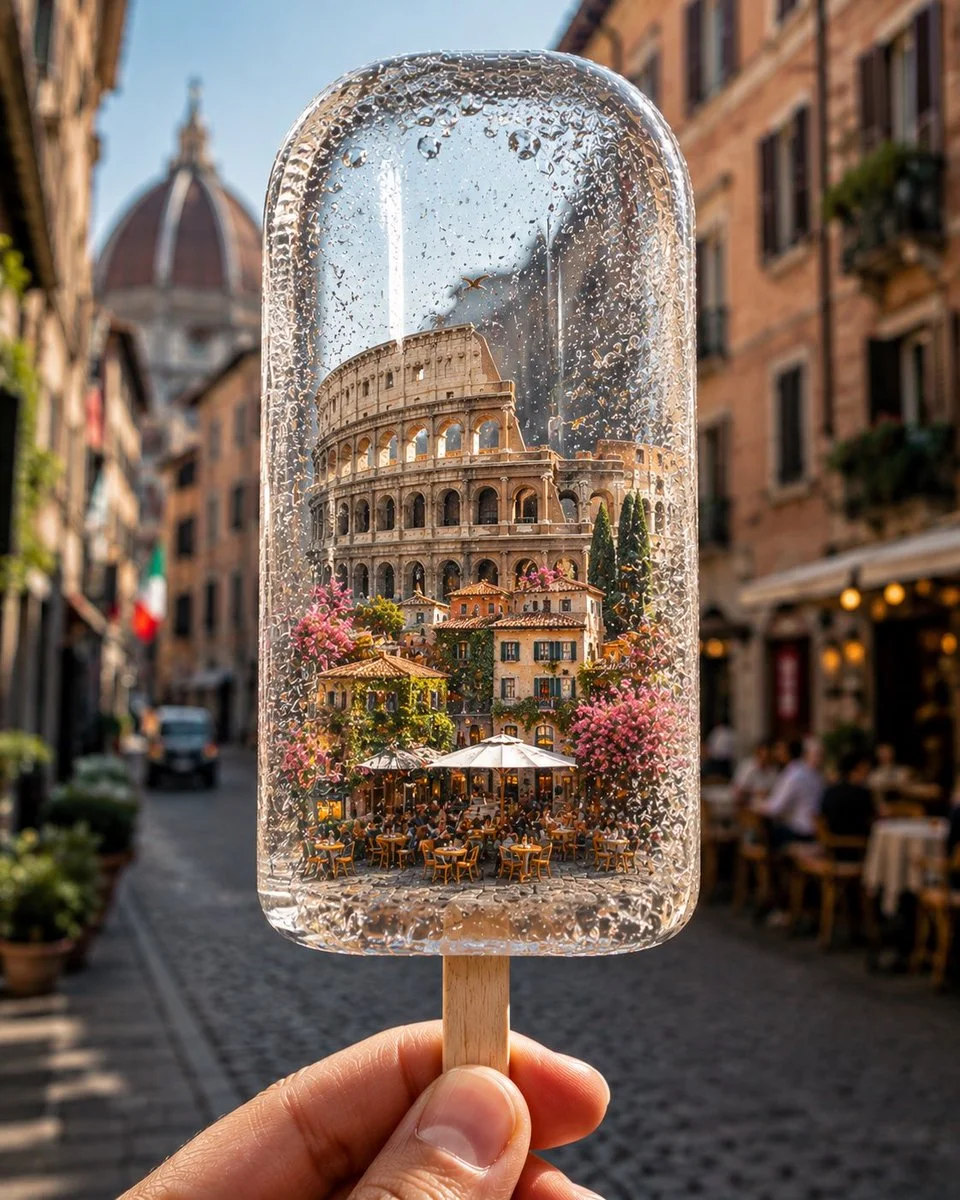 A hand holds a clear ice popsicle containing a miniature Rome/Colosseum café scene, with a softly blurred Italian street background.