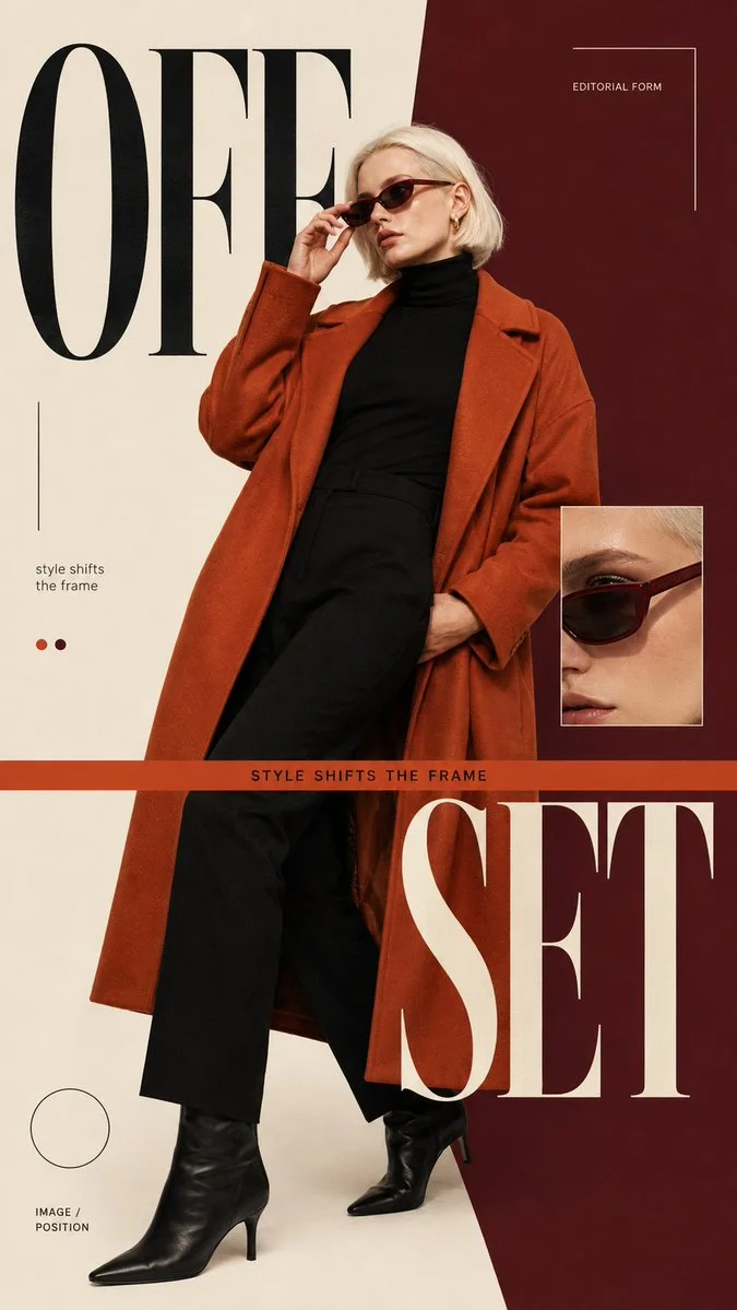 A 9:16 OFFSET fashion editorial poster with a model in rust coat crossing cream and burgundy color fields with oversized serif typography.