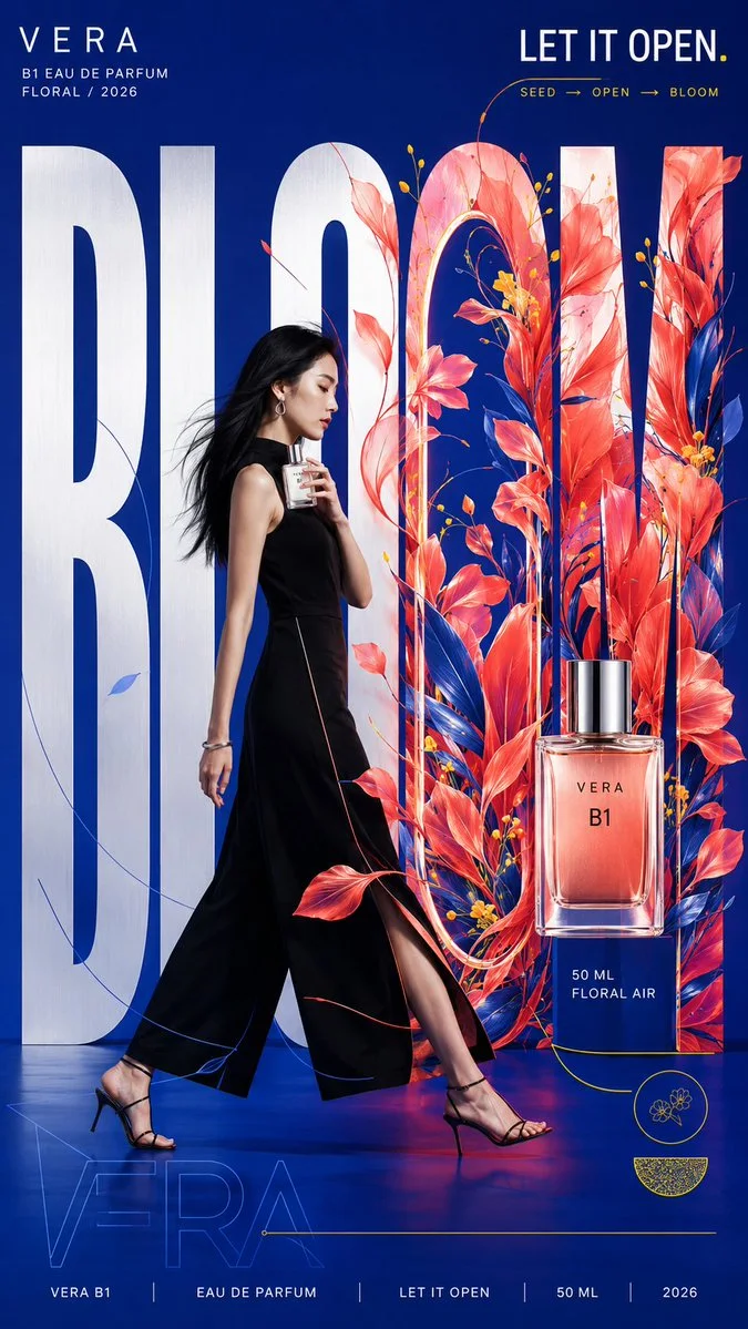 A bold perfume campaign poster where a woman passes through BLOOM typography and floral forms bloom across a blue background.