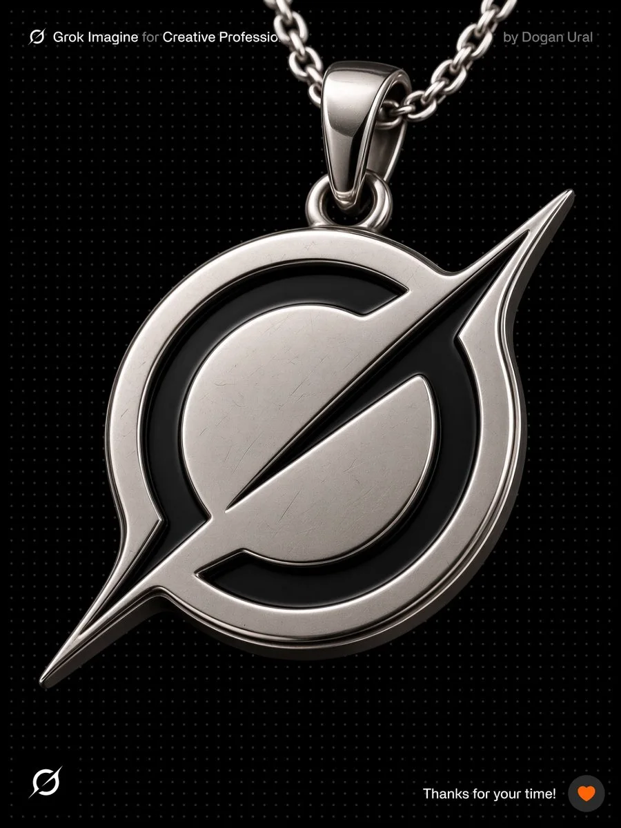 A premium silver necklace pendant version of the Grok-style logo, with polished raised metal, black recessed enamel, chain, black background, and realistic three-quarter jewelry product photography.