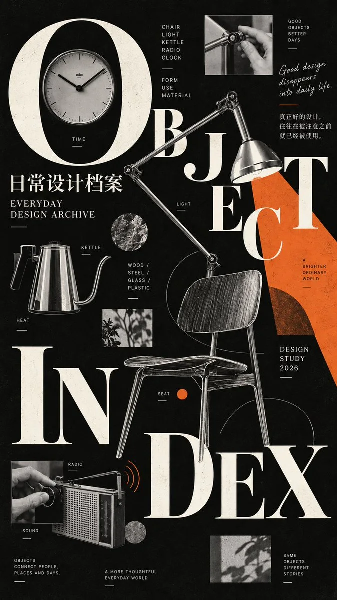 Object Index: a black industrial-design archive poster with clocks, lamps, chairs, radios, orange accents, and oversized split serif typography.
