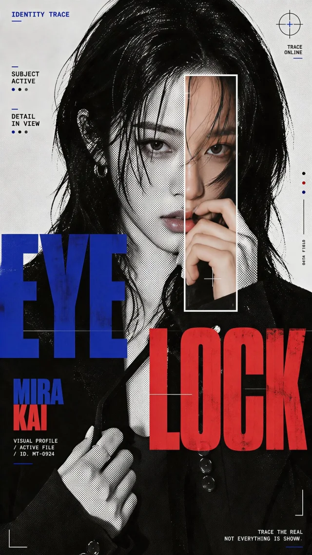 An Identity Trace experimental character poster with a black-and-white halftone female portrait, a vertical color scan window over the eye and hand, oversized blue and red EYE LOCK typography, and character dossier labels.