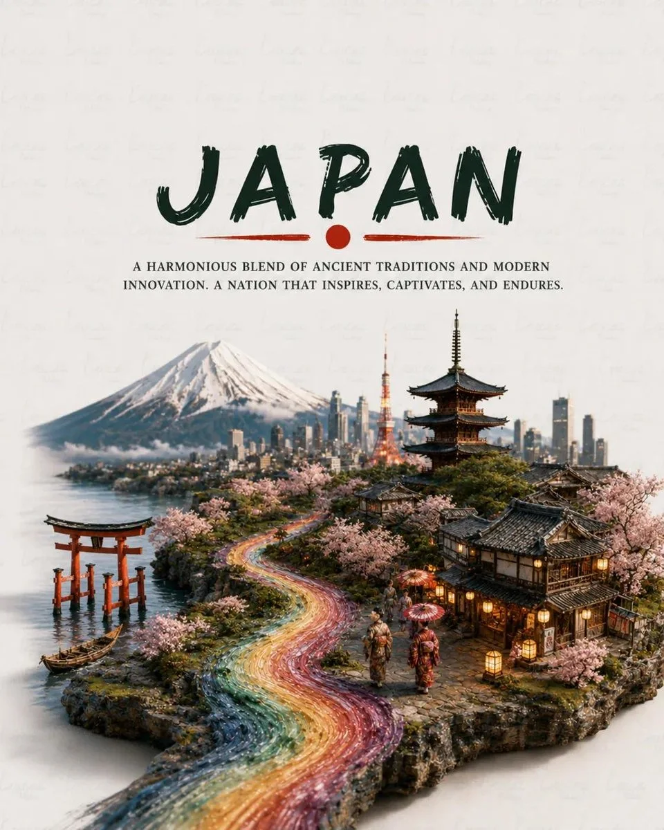 A split travel poster variation with country typography above and a cinematic old-town skyline diorama with a glowing paint river.